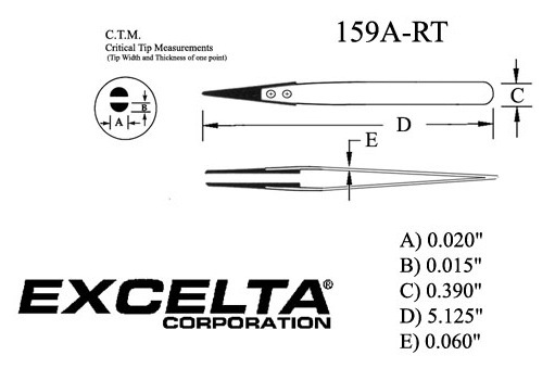Excelta 159A-RT Straight Fine Soft Replaceable .020in. Tip 5in. Carbofib Tweezer specs